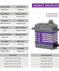 Beefed Up Micro Brushless Servo Motor SDS2451 With Full Metal Case beside product specification chart showing features and dimensions