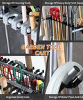 Heavy Duty Garden Tool Organizer And Garage Storage Rack For Long Handled Tools Shovels Rakes And Small Accessories Metal Tool Cart Holds Up To 22 Long Tools Space Saving Durable Yard Maintenance Stand with tools in situ.