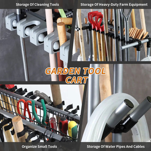 Heavy Duty Garden Tool Organizer And Garage Storage Rack For Long Handled Tools Shovels Rakes And Small Accessories Metal Tool Cart Holds Up To 22 Long Tools Space Saving Durable Yard Maintenance Stand with tools in situ.