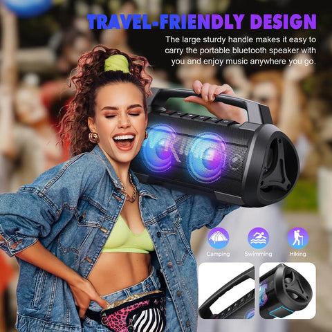 Woman holding Party-Ready 120W Bluetooth Speaker With IPX6 Waterproof Build, LED lights on, outdoor party setting