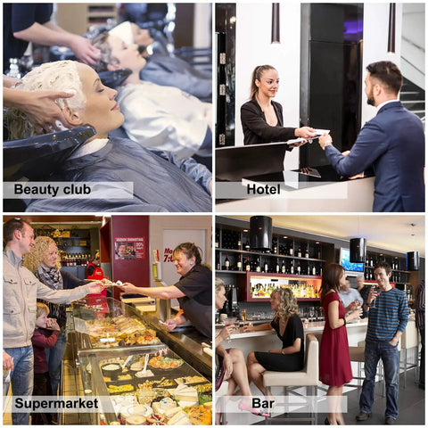 Collage of USB Swipe Magnetic Card Reader in use at beauty club, hotel check-in, supermarket, and bar counter, highlighting versatility.