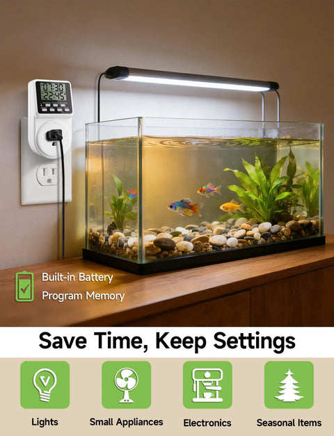 Digital Infinite Repeat Cycle Intermittent Timer Plug for Electrical Outlet beside aquarium with lighting