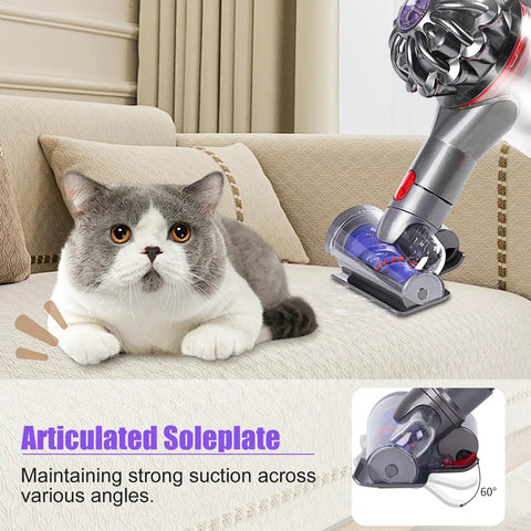Mini Motorized Turbo Brush Head Anti-Tangle Pet Hair Attachment For Cordless Vacuums V7 V8 V10 V11 V15 on a couch near a cat