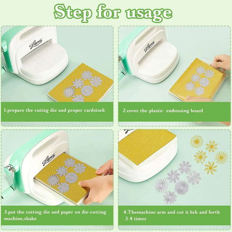 4-step guide showing how to use Dope 14 Piece Flower Leaves Metal Cutting Dies Set With 14 Styles for crafting and scrapbooking