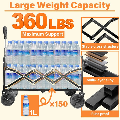 Grab And Go Foldable Wagon Cart With 360 Degree Wheels And Drink Holders For Camping Travel Picnic Shopping And Storage Ultra Lightweight At Just 11 Lbs Collapsible To Stow Handles Up To 360 Lbs loaded with water bottles demonstrating capacity