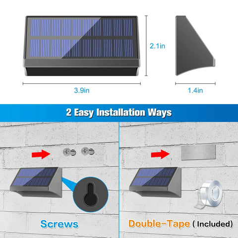 Solar Fence Post Lights 6 Pack showing dimensions and installation options with screws and double-tape.