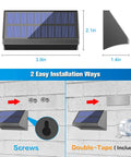 Solar Fence Post Lights 6 Pack With 8 Color Options, installation methods with screws and double-tape, LED lights dimensions shown
