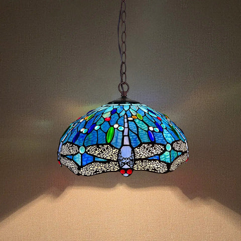 Antique Blue Dragonfly Tiffany Style 2-Light Stained Glass Pendant Light 16 Inch Wide Hanging Lamp with Adjustable 60 Inch Chain