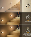 Rechargeable Battery Night Light With Motion Sensor USB C Quick Charge Adjustable Brightness Warm White LED illuminating stairs