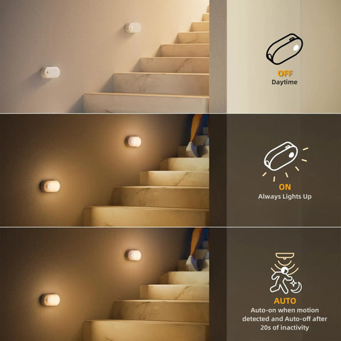 Rechargeable Battery Night Light With Motion Sensor USB C Quick Charge Adjustable Brightness Warm White LED illuminating stairs