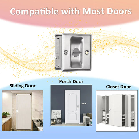 Slick Brushed Nickel Pocket Sliding Door Lock And Privacy Pull Handle With Reversible Latch Hardware Kit For Smooth Glide And No Sweat Setup On Interior Doors Sized One Three Eighths Inch Thick showcased with sliding, porch, and closet door compatibility.