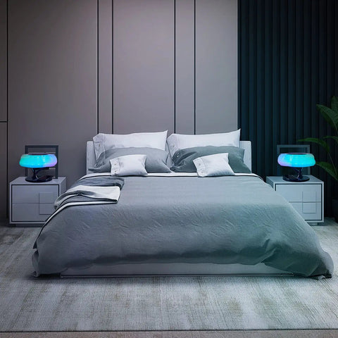 Bedroom scene with two bedside lamps, including Bedside Lamp With Wireless Charger And Bluetooth Speaker For Bedroom RGB Dimmable Nightstand Light With Qi Charging Pad And Immersive Audio For Cozy Ambient Vibes, illuminating in blue and purple tones.