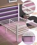 Sleek White Full Size Bed Frame With Built In Led Accents And Dual Usb Ports, Hella Solid Steel Slat Base For Zero Grind Noise, Tall Headboard For Lazy Reading Vibes, Roomy Under Bed Storage, Truly No Box Spring Needed, Quick Easy Setup, showing sturdy metal structure and easy assembly.