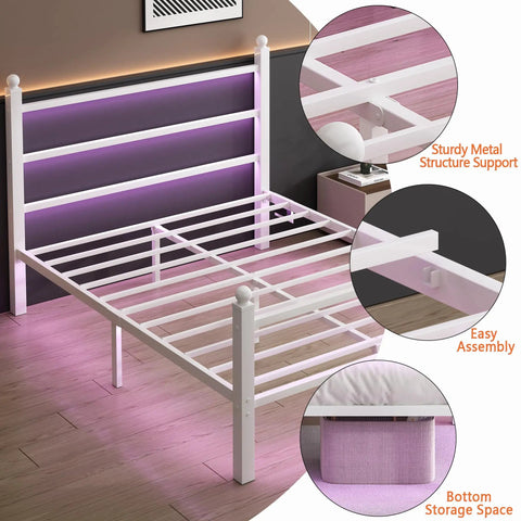 Sleek White Full Size Bed Frame With Built In Led Accents And Dual Usb Ports, Hella Solid Steel Slat Base For Zero Grind Noise, Tall Headboard For Lazy Reading Vibes, Roomy Under Bed Storage, Truly No Box Spring Needed, Quick Easy Setup, showing sturdy metal structure and easy assembly.