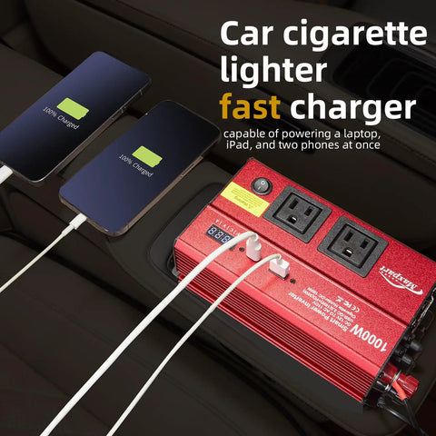 1000 Watt DC To 110V AC Vehicle Power Inverter With Dual AC Outlets USB C PD 30W Fast Charge, charging two devices.