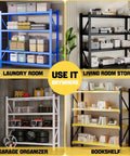 Four Tier Heavy Duty Steel Storage Shelves Hella Tough Rack For Warehouse Or Shop With 2600 Lb Capacity Per Shelf And Fully Adjustable Levels In Matte Black arranged for various uses including laundry and garage.