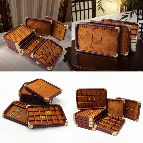 Slick Top Tier Jewelry Display Tray With Heavy Duty Wood Frame And Soft Fabric Lining No Sweat 24 Grid Stackable Organizer For Rings Earrings Necklaces Retail Ready Storage Case Black arranged on a table.