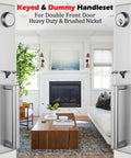 Double Door Handle Set For Your Front Door With Brushed Nickel Finish, Keyed Entry And Dummy Handles, Adjustable Backset