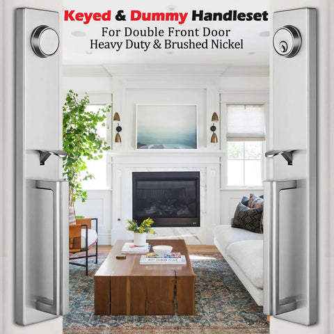 Double Door Handle Set For Your Front Door With Brushed Nickel Finish, Keyed Entry And Dummy Handles, Adjustable Backset