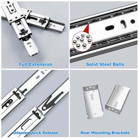 Soft Close Drawer Slides 22 Inch, 10 Pairs With Brackets, full extension, ball bearing rails, silver finish, kitchen, bedroom use.