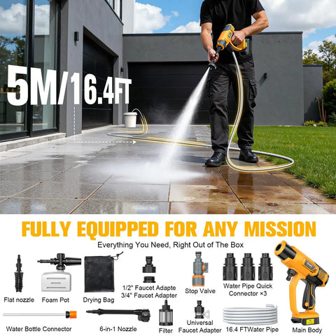 Man using Workhorse Cleaning Tool for DeWalt 20V Battery System cleaning patio with 16.4 ft hose and 6-in-1 nozzle set.