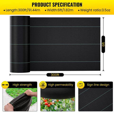 Heavy Duty Driveway And Landscape Fabric 6x300 Ft Weed Barrier For Erosion Control And French Drain Projects A Workhorse Three And A Half Ounce Geotextile Material shown, dimensions highlighted.