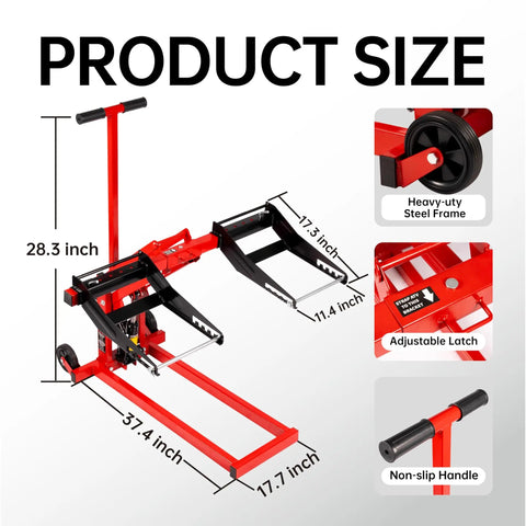 Heavy Duty 300 Pound Adjustable Riding Lift Jack For Tractors Atvs And Zero Turn Mowers With Rock Solid Steel Build Quick Pump Action Secure Safety Lock Bar Non Skid Casters To Kick Those Mean Machines Off The Ground Effortlessly
