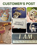 Wooden basswood crafts collage featuring laser-cut ornaments and signs for DIY decor.