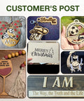 Handmade crafts including engraved ornaments, keychains, and signs from basswood sheets by customers.