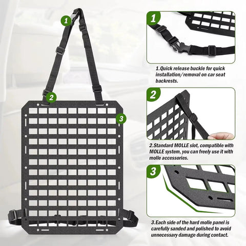 Heavy Duty Molle Panel For Car Seat Back Organizer Storage Rack Compatible With Tesla Cybertruck Accessories showing adjustable straps and slots.