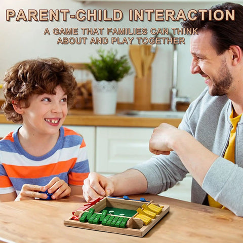 Father and son playing Shut The Box Dice Game Wooden Board Game For 2 To 4 Players, 4 Sided Family Math Challenge at kitchen table
