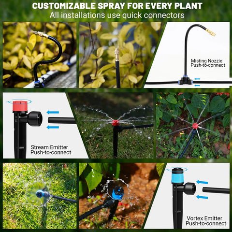 230Ft Drip Irrigation Kit With Quick Connect PE Tubing For Garden Watering No Fuss Sprinkler System And Water Saving Design Includes Three Adjustable Misting Emitters For Greenhouse Raised Beds And Precise Hydration showing various adjustable spray nozzles and emitters in garden setup.