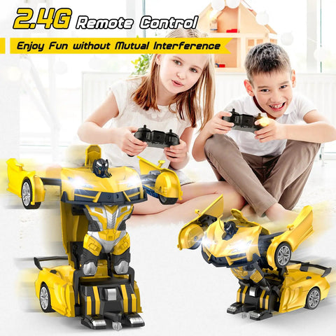 Kids playing with Dope Transform RC Car for Kids 3 to 8, 2.4GHz Remote, One Button Transform From Race Car to Robot, 360 Spin
