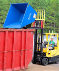 Heavy Duty Workhorse 3 Cubic Yard Self Dumping Forklift Hopper With Bump Release And 6000 Lb Capacity in action over a dumpster.