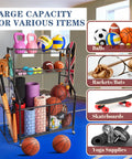 Garage Ball Storage Organizer With Rolling Cart And 2 Large Bins, wire mesh shelves filled with balls, rackets, and yoga mats