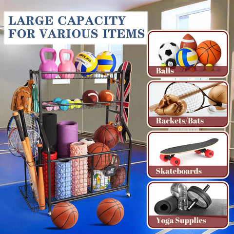 Garage Ball Storage Organizer With Rolling Cart And 2 Large Bins, wire mesh shelves filled with balls, rackets, and yoga mats