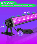 LED Black Light Bar Kit 42W 6 Pack With 6Ft Cable Switch And Plug for large area lighting, showing dimensions and purple glow