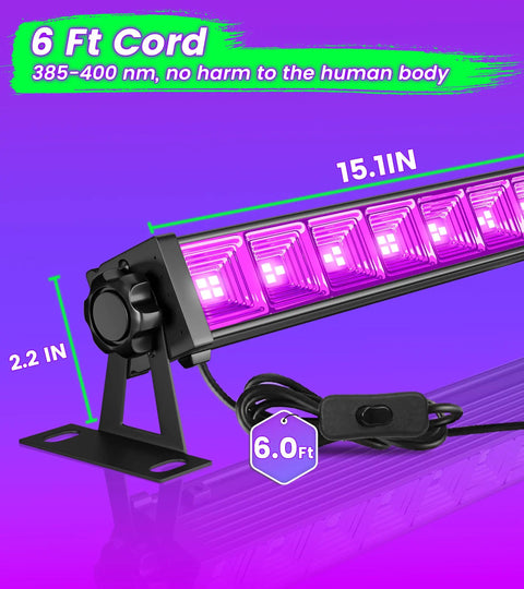 LED Black Light Bar Kit 42W 6 Pack With 6Ft Cable Switch And Plug for large area lighting, showing dimensions and purple glow