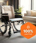 No Fuss And No Sweat 300 Pack Disposable Underpads And Chux Pee Pads Measuring 17X24 Inches With Heavy Duty Waterproof Backing placed on wheelchair.