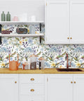 Blue Hydrangea Floral Peel And Stick Wallpaper For Bathroom And Bedroom Vinyl Self Adhesive Wall Covering 17.7 Inch Wide By 354 Inch Long Roll About 43.5 Sq Ft Removable Matte Finish Water Resistant Easy Diy Decor For Cabinets Shelves Or Any Space used as backsplash in modern kitchen.