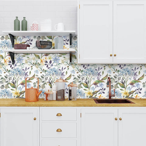 Blue Hydrangea Floral Peel And Stick Wallpaper For Bathroom And Bedroom Vinyl Self Adhesive Wall Covering 17.7 Inch Wide By 354 Inch Long Roll About 43.5 Sq Ft Removable Matte Finish Water Resistant Easy Diy Decor For Cabinets Shelves Or Any Space used as backsplash in modern kitchen.
