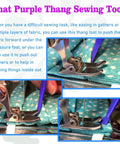 Close-up of That Purple Thang sewing tool in use under presser foot on blue polka dot fabric, aiding fabric turns.