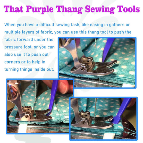 Close-up of That Purple Thang sewing tool in use under presser foot on blue polka dot fabric, aiding fabric turns.