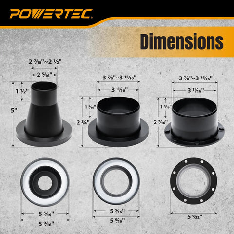 Magnetic Dust Collection Fittings Kit For Four Inch And Two And A Half Inch Quick Connect Hose dimensions and components display