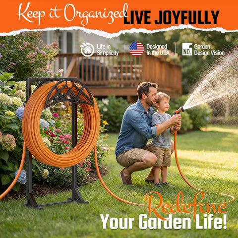 Beefy Heavy Duty Metal Hose Holder With Freestanding Stand and Stable Triangular Base holding orange hose outdoors