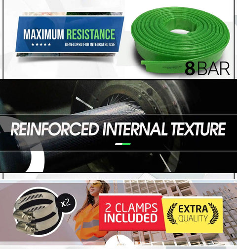 3-Inch By 100-Foot Heavy-Duty Reinforced PVC Lay-Flat Discharge And Backwash Hose, 8 Bar, Green, Includes Two Clamps