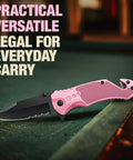 Pink Pocket Knife For Women Self Defense 2.95 Inch Serrated Folding Blade 5 In 1 Tactical Knife displayed on table