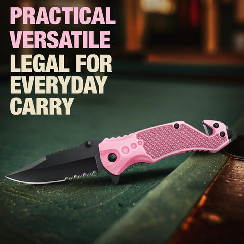 Pink Pocket Knife For Women Self Defense 2.95 Inch Serrated Folding Blade 5 In 1 Tactical Knife displayed on table