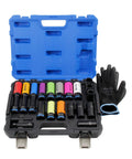 20 Piece One Half Inch Drive Lug Nut Socket Set Color Coded By Size With Thin Wall Non Marring Six Point Impact Lug Extractor Kit Rugged Turbo