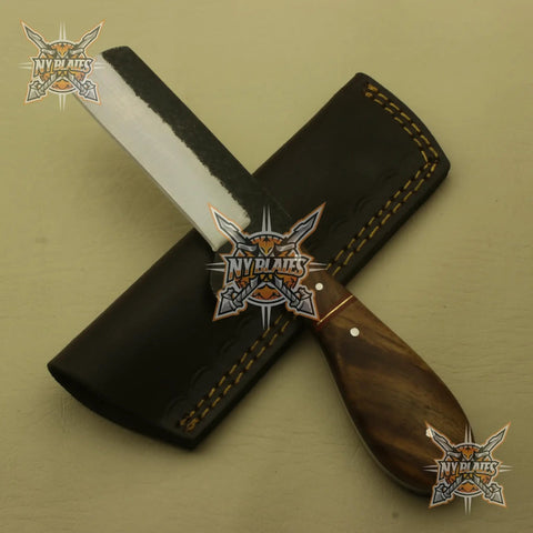 Rugged High Carbon Steel Skinner Knife With Full Tang Fixed Blade Wood Handle And Leather Sheath 8 Inch Overall 4 Inch Blade